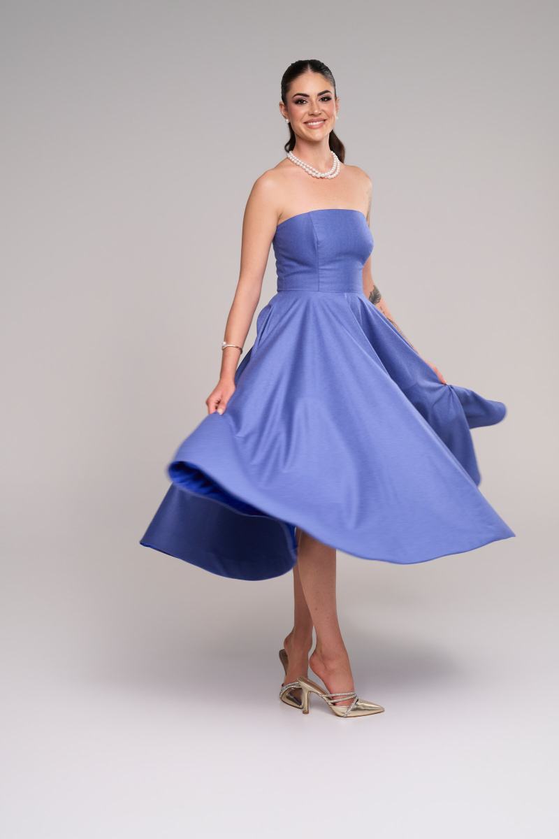 Stevie Hearl turning in the blue Eva dress at Cog Creative Space Norwood