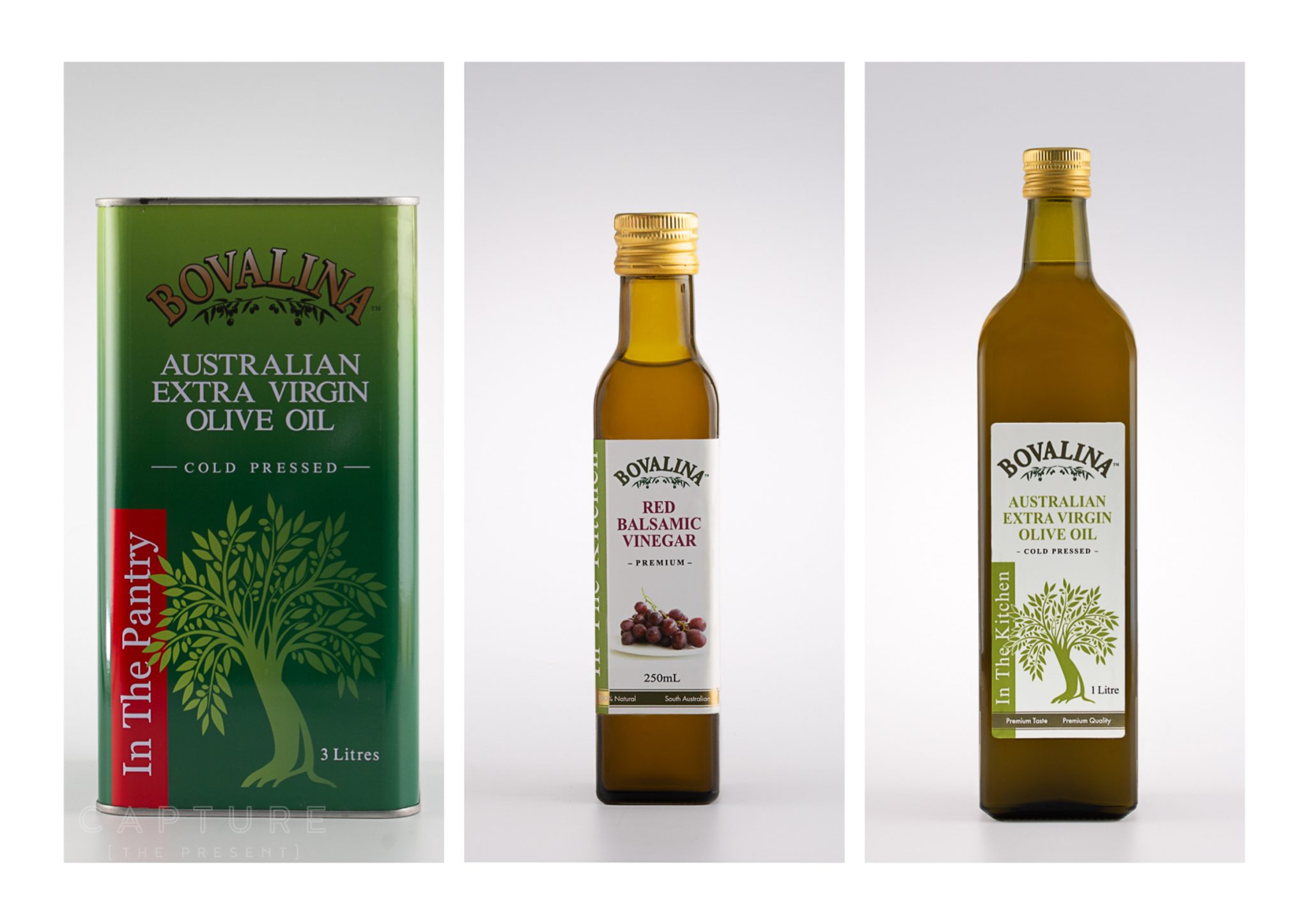The Bovalina extra virgin olive oil range, three bottle sizes side by side